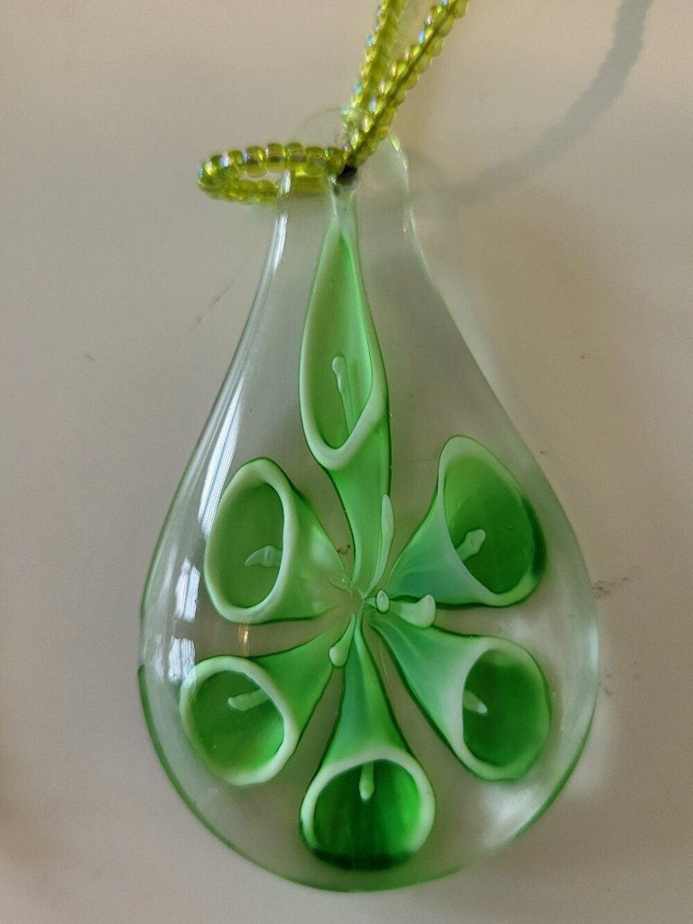 Art Glass Pendant Teardrop Necklace Green Trumpet Flowers Artisan Jewelry